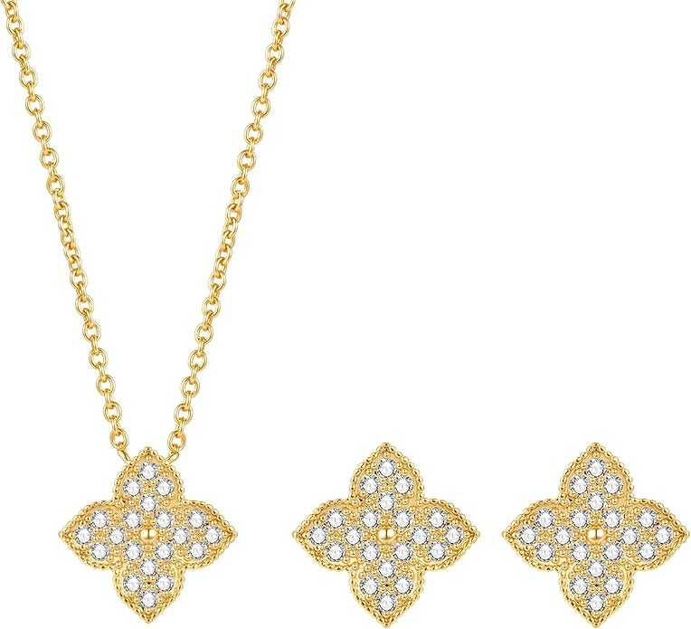 COBI Jewelry Set for Women, 18K Gold & Rhodium Plated CZ Necklace & Earrings, Clover Halo Infinity Solitaire Feather Designs, Dainty Crystal Pendant Sets, Trendy Fashion Gifts for Her