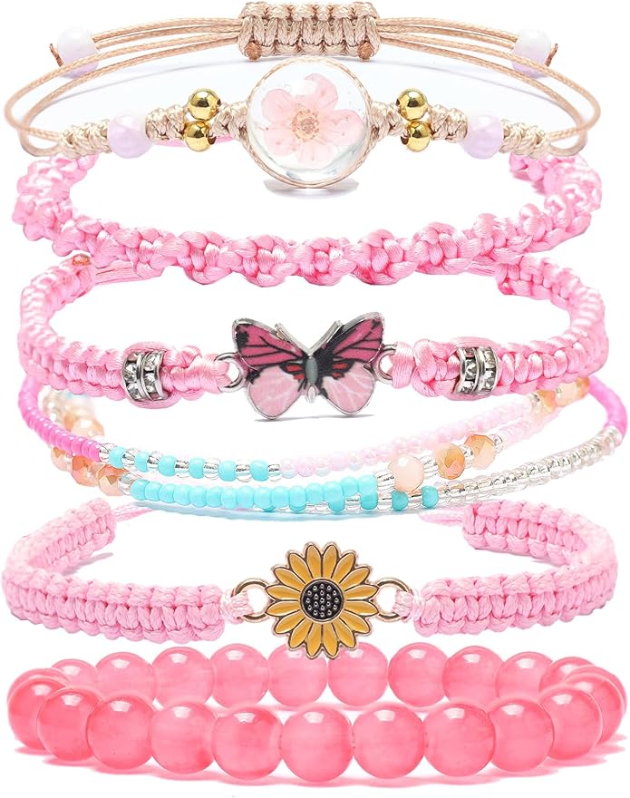 DS 6PCS String beads Charm Bracelets for Teen Girls Handmade Braided Rope Butterfly daisies Eternal flower Boho Surfer Bracelet for women Adjustable friendship Stretch birthday jewelry Gift Friends