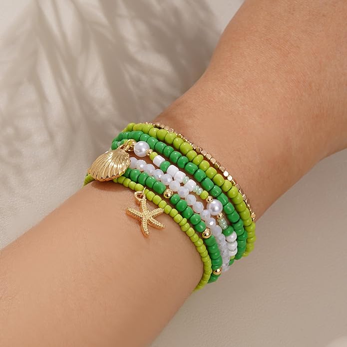 Shell Bracelet Seashell Boho Beaded Stretch Bracelets for Women Summer Beach Bracelets Starfish Charm Bracelet Stackable Gold Plated Bracelets Set for Women