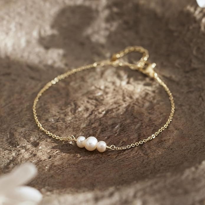 SLOONG Valentines Day Gifts for Her Gold Pearl Bracelets, 18K Real Gold Plated Dainty Stackable Snake Chain CZ Heart Pendant Bracelets, Layered Waterproof Jewelry Gift for Women Adjustable 6"+2"
