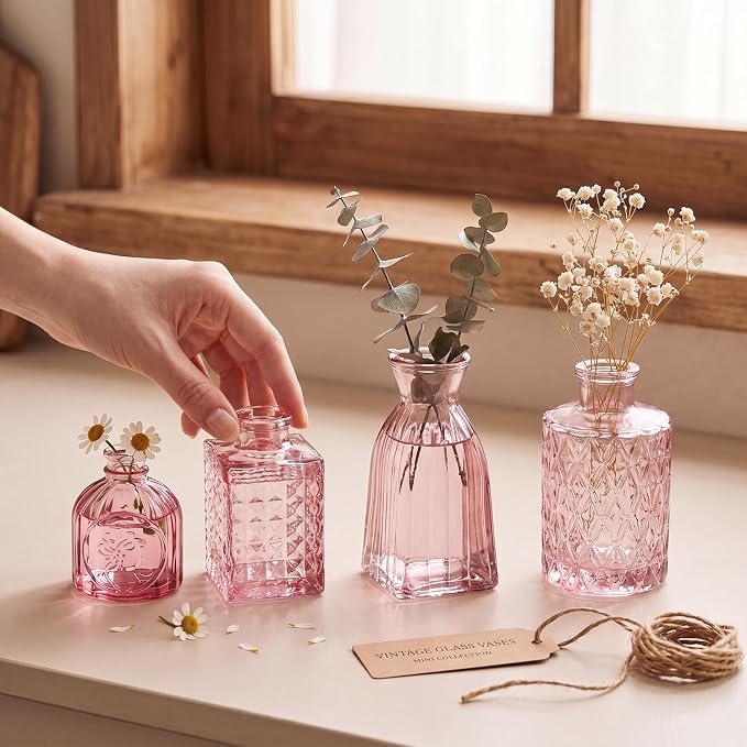 Clear Pink Glass Bud Vase Set of 12 Pcs, Small Bud Vases in Bulk, Glass Crystal - Image 2