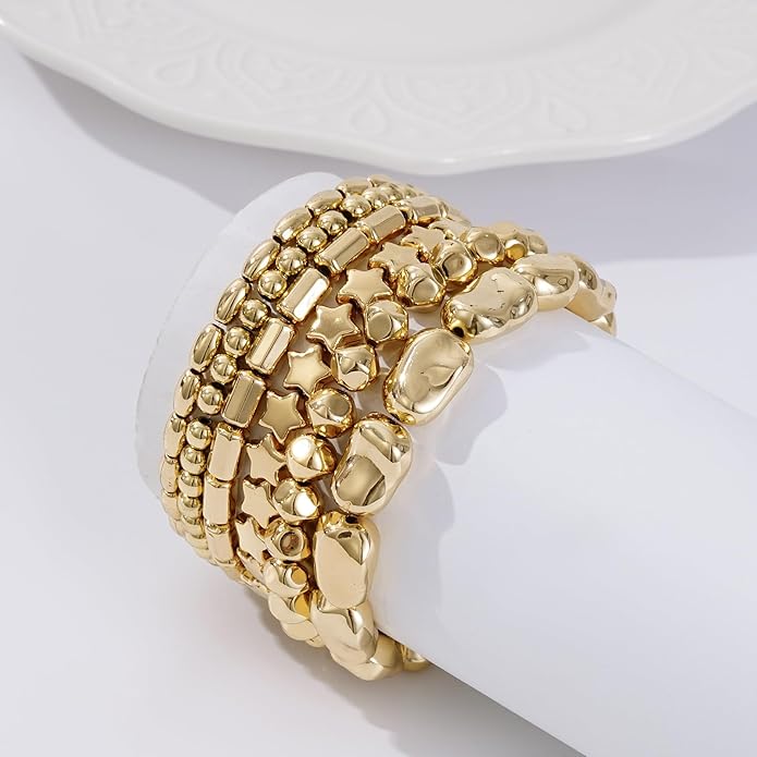 Gold Plated Beaded Bracelets for Women Trendy, 14K Gold Plated Stack Cross Pearl Gold Plated Bead Stretch Bracelets Set Elastic Hypoallergenic Bracelets Jewelry Gifts