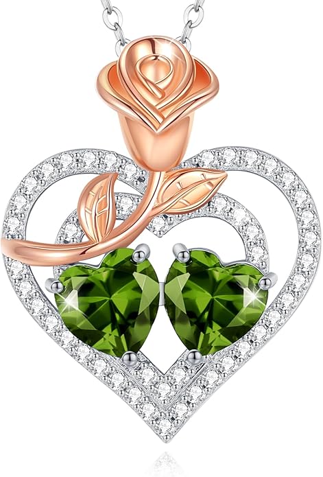 AGVANA Valentines Day Gifts Birthstone Necklace for Women Sterling Silver Rose Flower Heart Double Birthstone Jewelry Pendant Necklace Anniversary Birthday Gifts for Women Mom Wife Girlfriend Her