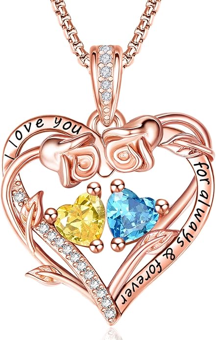 Rose Heart Necklaces for Women, Rose Gold Forever Love Jewelry with 2 Birthstones Pendant,Valentines Anniversarry Birthday Gifts for Her Wife Mom Grandma Daughter, 18+2 Inch Chain