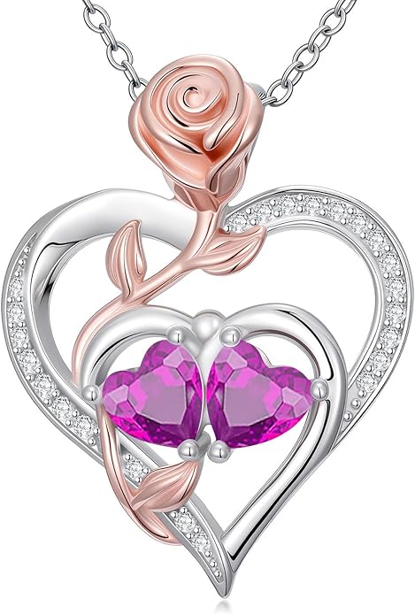 Rose Flower Heart Pendant for Women Birthday Gifts 18k Gold Plated Mother Daughter Necklace with 12 Months Birthstone Christmas Valentines Day Gifts for Her Mom Anniversarry Jewelry for Mom Wife Girlfriend