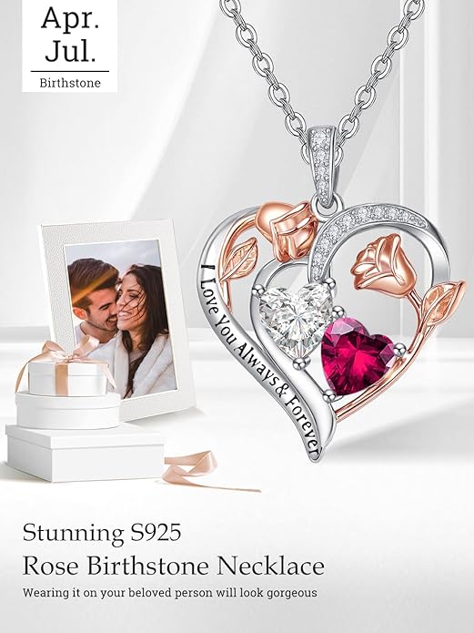 Valentine's Day Gifts for Wife 925 Sterling Silver Double Birthstone Pendant Necklaces I Love You for Always and Forever Necklace Anniversary Birthday Gifts for Wife Girlfriend Mom Her