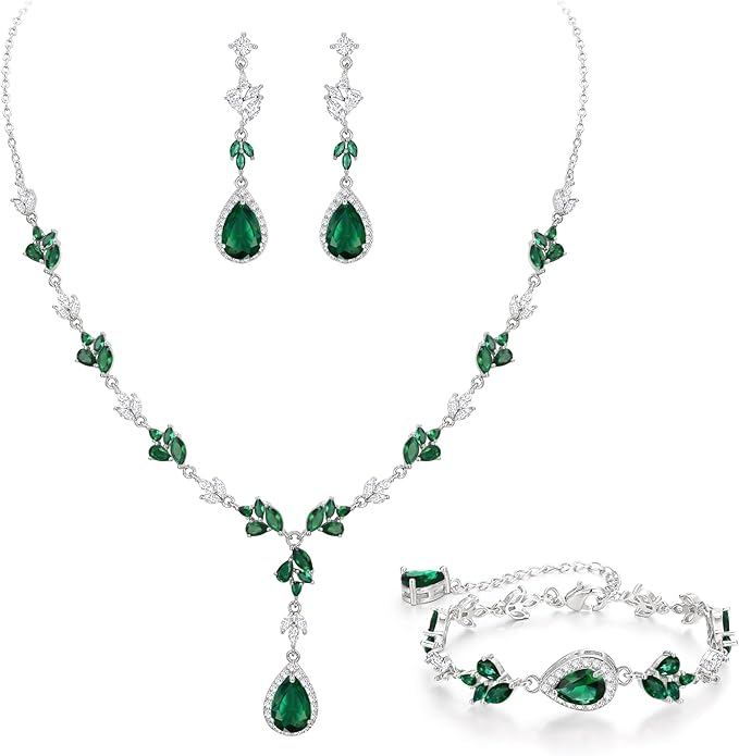 Crysdue Teardrop Bridal Jewelry Set for Wedding Party, Silver/14K/Rose Gold Plated Prom Costume Jewellery for Bride Bridesmaids Women, Cubic Zirconia Necklace Dangle Earrings Bracelet