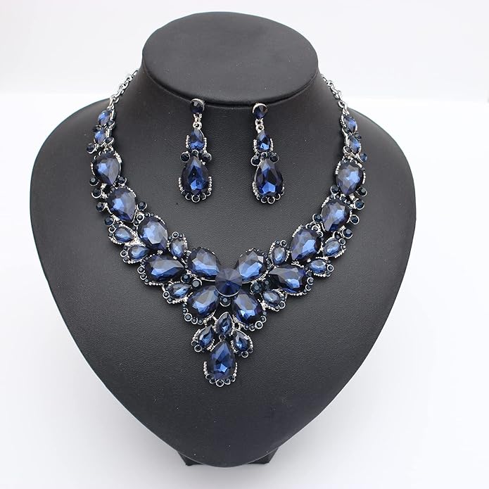 Women's Wedding Bridal Austrian Crystal Glass Teardrop Statement Necklace Dangle Earrings Bracelet Ring Wedding Party Jewelry Set for Bridal Bridesmaid