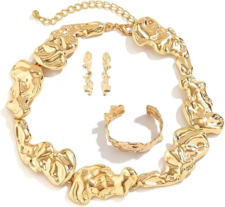 3 Pcs Metal Big Open Choker Necklace Bracelet Earrings for Women Adjustable Gold Baroque Pearl Choker Necklaces Round Necklace Suitable for Party ummer Beach Bead Body Chain Jewelry