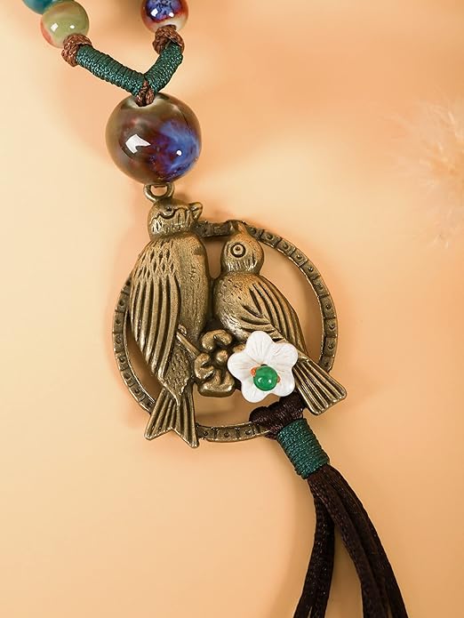 MINACHI Boho Hippie Colorful Ceramic Beads Strand O Ring Circle Charm Long Y Necklace, Vintage Bohemian Statement Jewelry Gift for Women