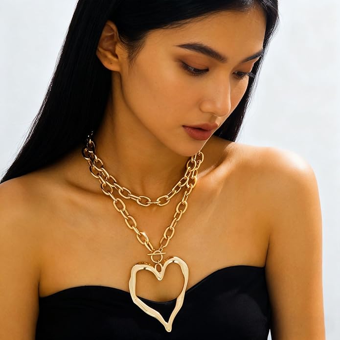 Chunky Gold Necklace Big Heart Necklace for Women Silver Large Statement Necklaces Thick Bold Chain Puffy Love Heart Charm Necklaces for Women with OT Toggle Silver Chunky Gold Jewelry Trendy Valentine's Day Gift
