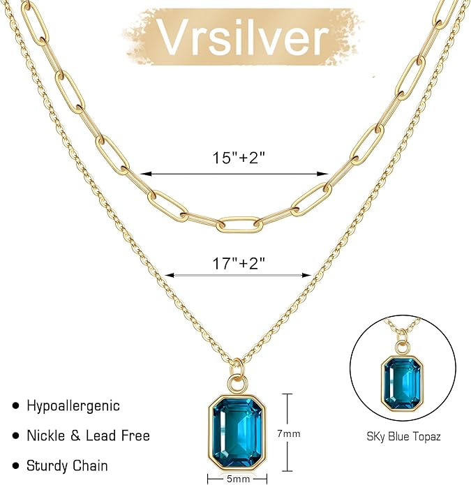 Layered Birthstone Necklace for Women Girls, 14K Gold-Plated Paperclip Chain Choker Necklace with Rectangle Birthstone Pendant Birthday Gifts for Women Girls Dainty Small