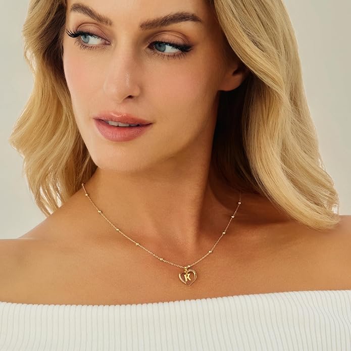 Cicy Bell Womens Heart Initial Necklace for Women 18k Gold Plated Shell Personalized Letter Pendant Necklace 17.7'' with 2'' Extender