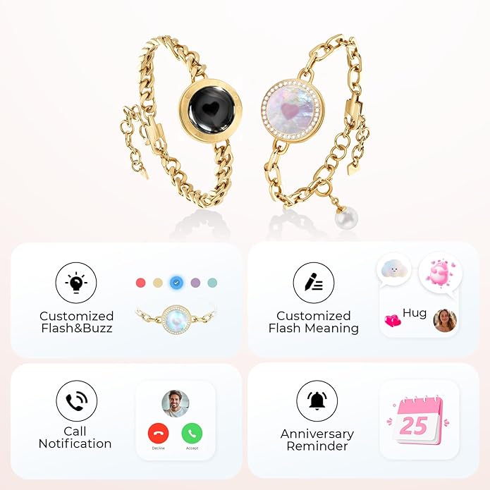 TOTWOO Long Distance Touch Bracelets for Couples, Smart Light & Vibration Love Jewelry, Long Distance Valentines Day Gifts for Him Her Women Men, One-to-One Bluetooth Pairing via App