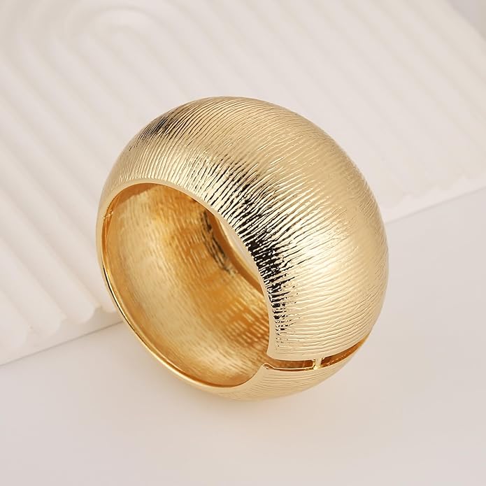 HZMAN 18K Gold Plated Wide Cuff Bracelet for Women - Premium Alloy Shiny Polished Double Layer Statement Bangle, Trendy Daily Wear Party Jewelry Accessory
