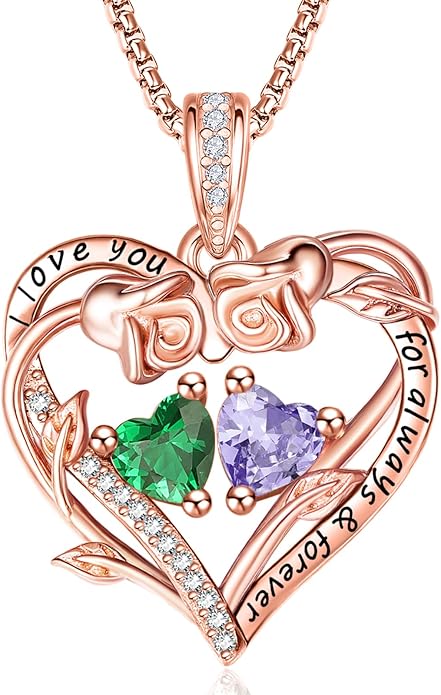 Rose Heart Necklaces for Women, Rose Gold Forever Love Jewelry with 2 Birthstones Pendant,Valentines Anniversarry Birthday Gifts for Her Wife Mom Grandma Daughter, 18+2 Inch Chain