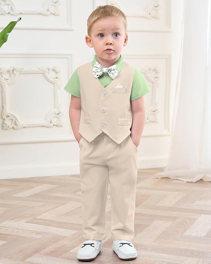 DISAUR Baby Boy Clothes Toddler Boy Outfits 4PCS Gentleman Dress Romper/Vest/Pants/Bow Tie Cotton Suit Sets