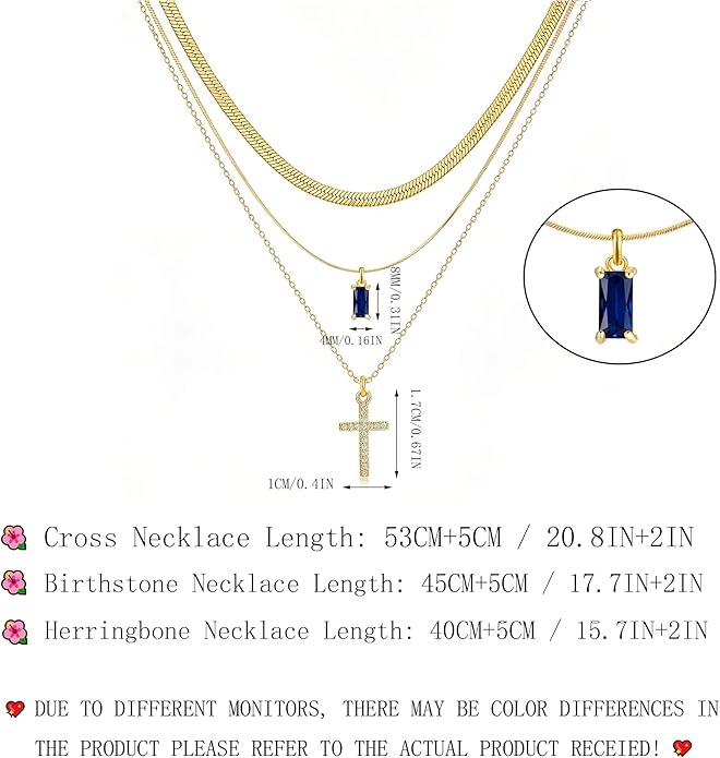 3Pcs Gold Layered Necklaces for Women, 14K Gold Plated Cross Necklace, Dainty Birthstone Necklace for Women, Herringbone Gold Necklaces Set, Stackable Women's Gold Pendant Necklaces Jewelry Set