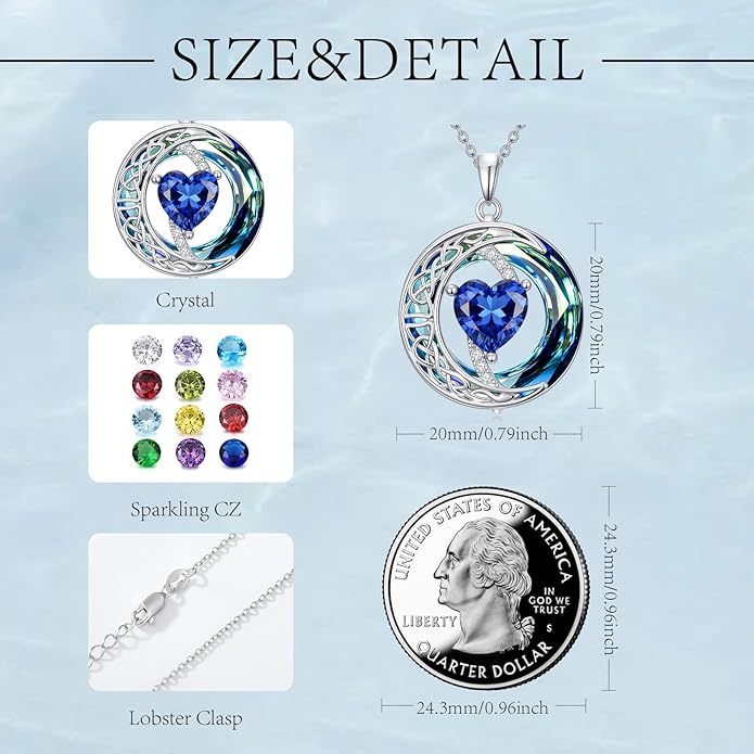 Valentines Day Gifts for Women, Birthstone Necklace for Women, Celtic Moon Pendant Blue Crystal Necklace Heart Jewelry Anniversary Jewelry Gift for Daughter Wife Mother Sister