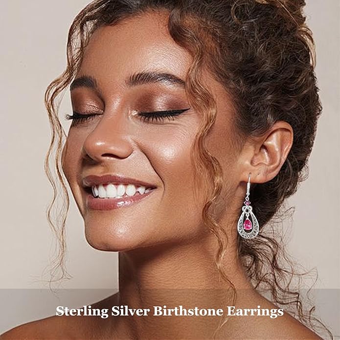 Teardrop Birthstone Dangle Drop Earrings Sterling Silver Infinity Filigree Leverback Earrings, Infinity Love Birthday Anniversary Valentines Day Gifts for Her Women Mom Wife