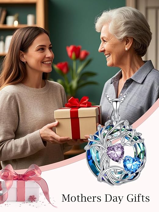 TOUPOP s925 Sterling Silver Family Celtic Tree of Life Pendant Necklaces with 2 Heart Birthstone with Blue Austrian Crystal Jewelry Birthday Valentines Day Gifts for Her, Anniversary Christmas Gifts for Wife Girlfriend Mom (18K Real White Gold Filled)