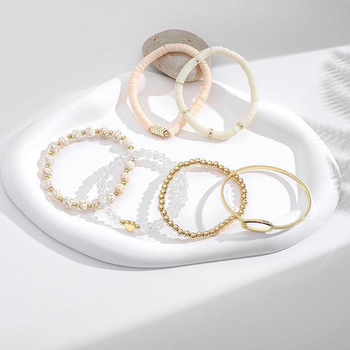 GOOJIDS Surfer Heishi Clay Bead Bracelets for Women Bohemian Stackable Gold Plated Beaded Stretch Bracelets Elastic Layering Friendship Bracelets Set Boho Jewelry
