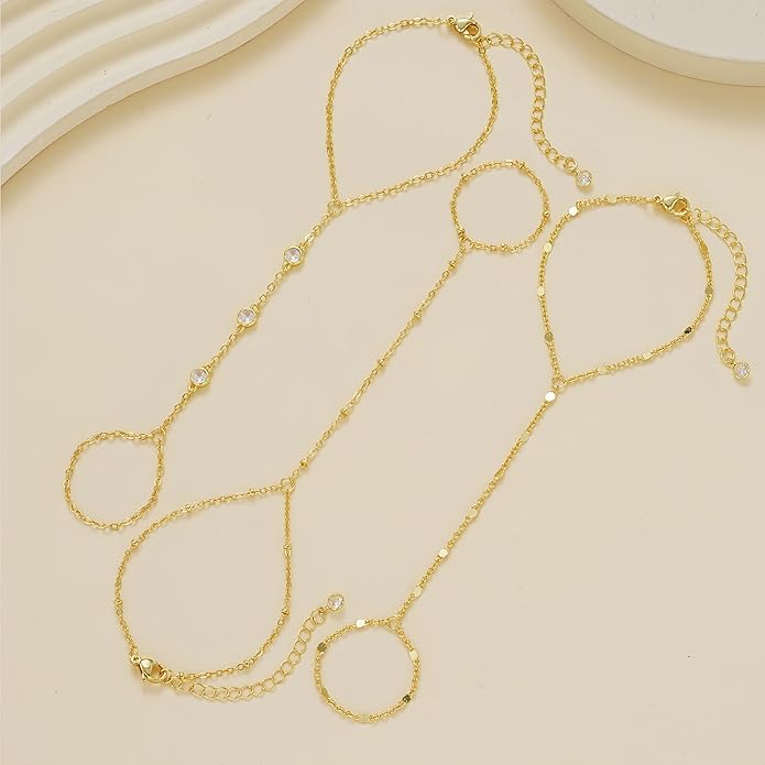 3PCS 14K Gold-Plated Hand Chain Bracelets for Women, Stack Bracelets Set Adjustable, Trendy Dainty Ring Bracelet Hand Chain