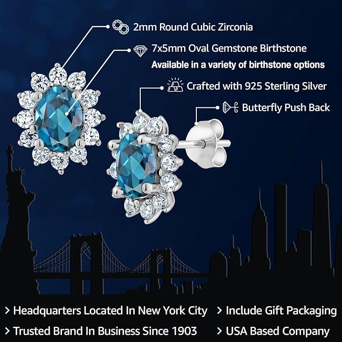 Gem Stone King 7X5MM Oval Gemstone Birthstone Stud Earrings For Women | Princess Diana Royal Halo Style | 925 Sterling Silver | Fine Jewelry Gifts for Anniversary Wedding Her Mom Women Wife