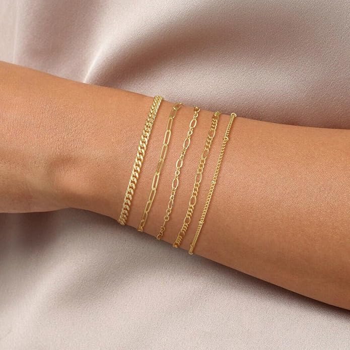 DEARMAY Gold Bracelets for Women Waterproof, 14K Gold Plated Jewelry Sets Trendy Thin Dainty Stackable Cuban Link Paperclip Chain Bracelet Pack Fashion Accessories Gifts for Womens