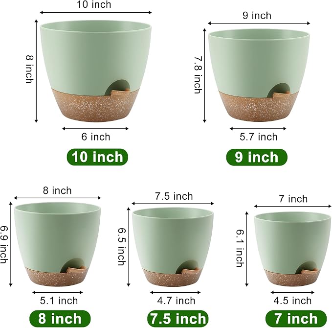 QRRICA Plant Pots 10/9/8/7.5/7 Inch Self Watering Pots, Plastic Flower Pots - Image 3