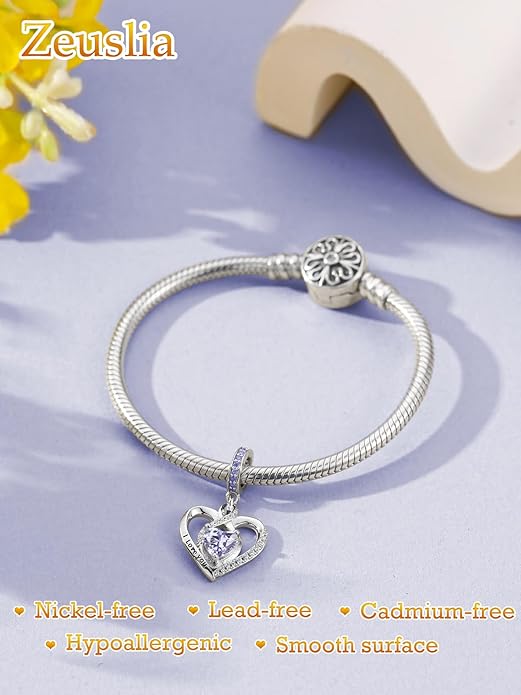 Heart Birthstone Charms for Bracelets, 925 Sterling Silver Women Bead Charms for Charm Bracelets Necklace, Mother's Day Birthday Anniversary Jewelry Gifts for Wife Mom Grandma Daughter