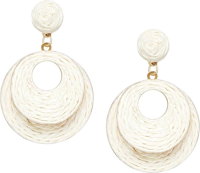 Raffia Hoop Earrings for Women - Boho Straw Wiker Dangle Drop Earrings for Summer Beach, Bohemian Trendy Rattan Jewelry