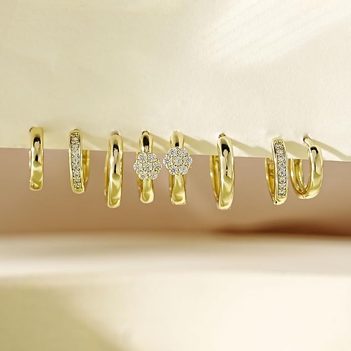 4Pairs Statement Gold Hoop Earrings for Women Trendy,Surgical Steel Gold Plated Hoop Hypoallergenic Earrings Set,Titanium Hoops Earring Stacks,CZ Cartilage Huggie Hoops Earring Gifts for Girlfriend