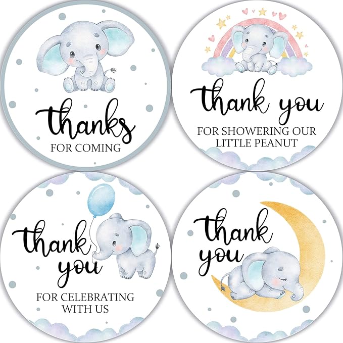 80 Pieces Cute Elephant Thank You Stickers, Baby Shower Birthday Party Decorate Watercolor Elephant Themed Party Gift Wrap Bag Label Decorations, 4 Design Stickers