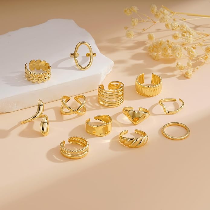 YOOSTEEL Valentines Day Gifts for Her Womens Chunky Gold Rings - 12 PCS Hypoallergenic 14K Gold Plated Thick Stackable Open Rings for Women Non Tarnish Dainty Gold Adjustable Ring Stack Set Trendy Jewelry