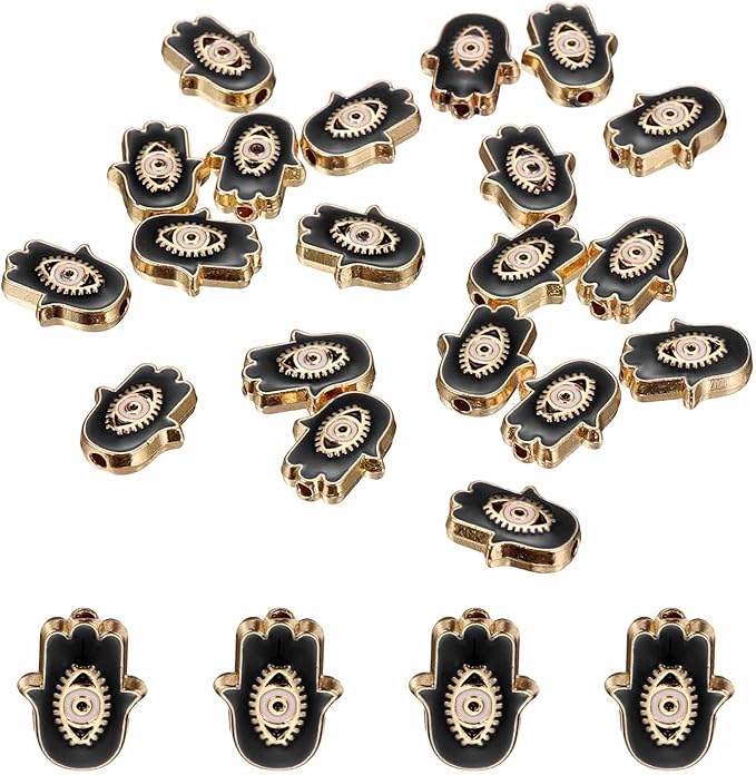 MECCANIXITY 20 Pcs Hand Evil Eye Beads Colorful Flat Loose Spacer Evil Eye Charms for DIY Bracelet Earrings Necklace Crafts Jewelry Making, Black