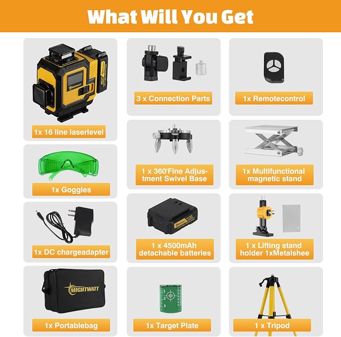 4D 16 Line 360° Self Level Green Laser Level Kit Tripod Battery Bracket | 360° - Image 9