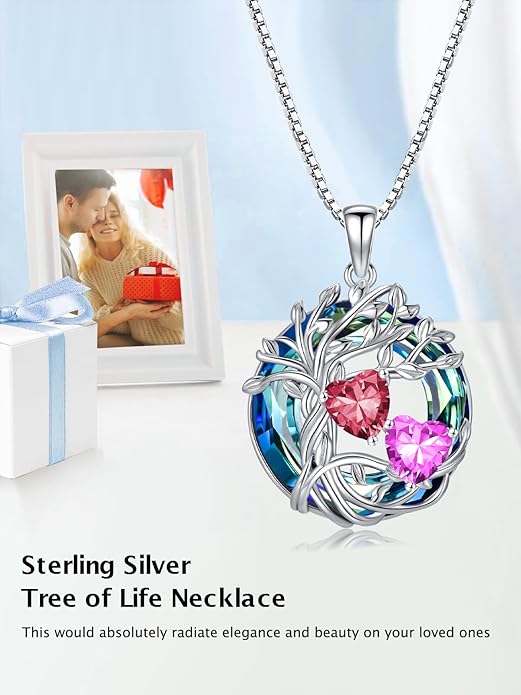 TOUPOP s925 Sterling Silver Family Celtic Tree of Life Pendant Necklaces with 2 Heart Birthstone with Blue Austrian Crystal Jewelry Birthday Valentines Day Gifts for Her, Anniversary Christmas Gifts for Wife Girlfriend Mom (18K Real White Gold Filled)