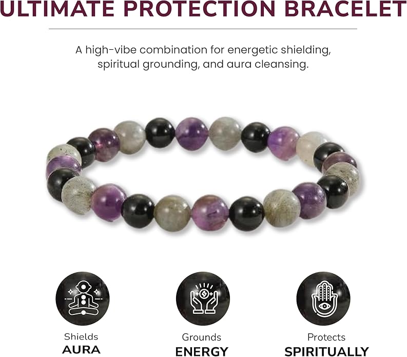 Crytsal Vibe Ultimate Protection Bracelet - Labradorite – Amethyst – Black Tourmaline - 8mm Beaded Bracelet for Protection - Elastic Adjustable Size