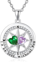 Compass Necklace for Women, Exquisite S925 Valentines Day Anniversary Birthday Gifts for Wife Her Double Birthstone Pendant Jewelry ‘I'd be Lost Without You’