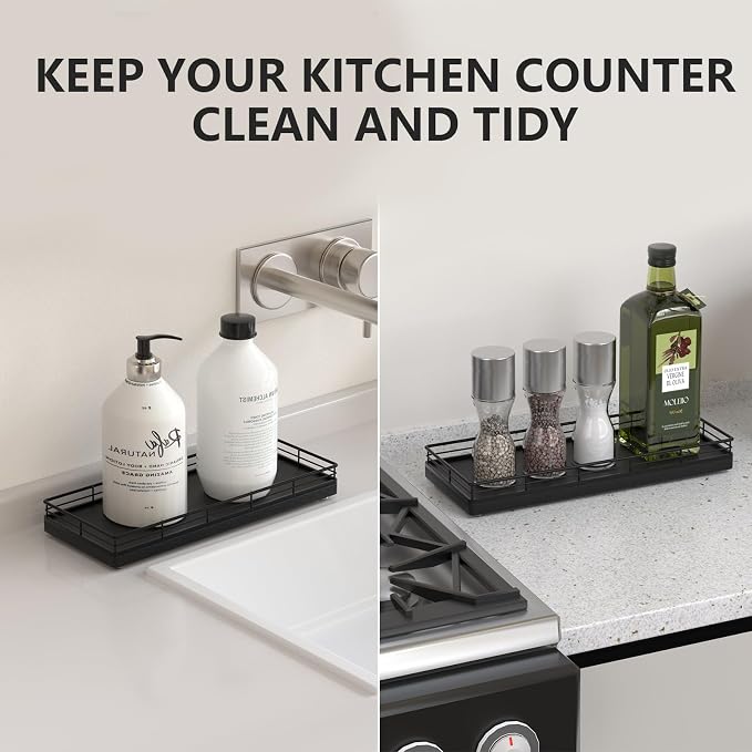 Bathroom Tray for Counter Top Organizer, Oak Wood Vanity Tray | Metal Frame for - Image 4