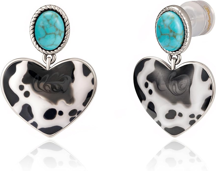 Wrangler Western Heart Drop Dangle Earrings for Women Statement 14k Gold Turquoise Cow Print Cowgirl Trendy Jewelry