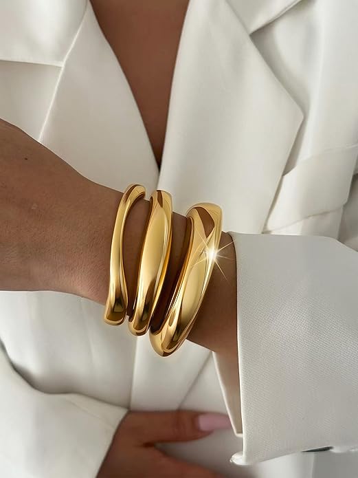 3Pcs Chunky Gold Bangles Bracelets for Women, Spring Hinged Big Stackable Bangles Set, Trendy Cuff Bracelet Stack Fashion Jewelry Gifts