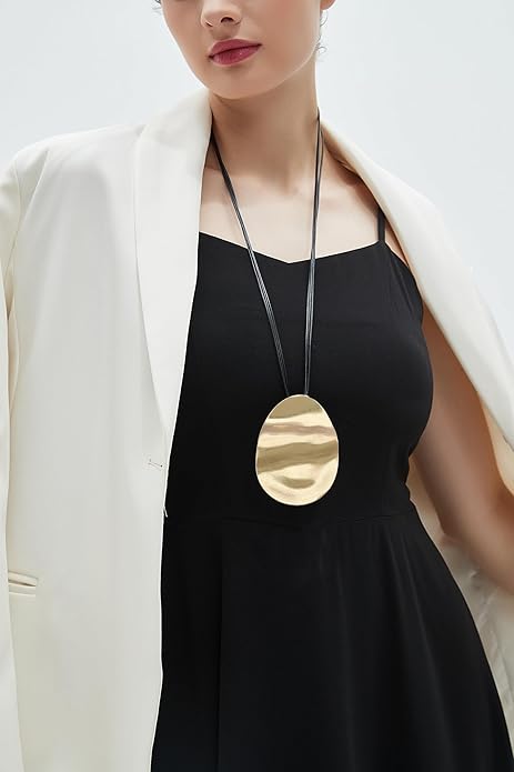 GelConnie Leather Necklace for Women Large Pendant Long Brown Necklace Circle Leather Choker Vintage Sweater Necklace Gold Chunky Boho Necklaces for Women