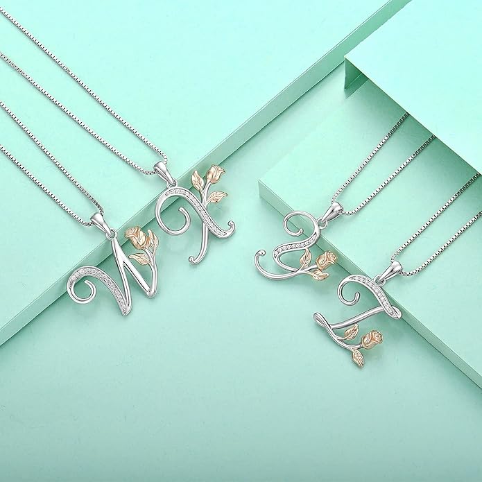 STARCHENIE Initial Necklace for Women Sterling Silver Letters 26 Alphabet Pendant Rose Flower Jewelry Gifts for Family Sisters Friend