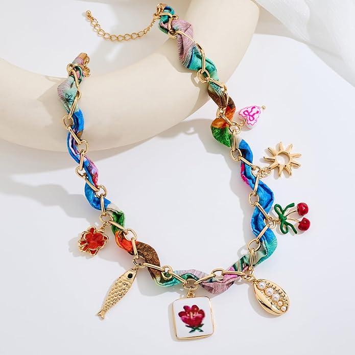 LILIE&WHITE Gold Charms Necklace for Women Bandana Necklace with Colorful Charms Necklaces Beach Jewelry Gift