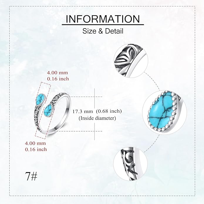 Turquoise Ring 925 Sterling Silver Adjustable Vintage Ring Turquoise Jewelry Gifts for Women