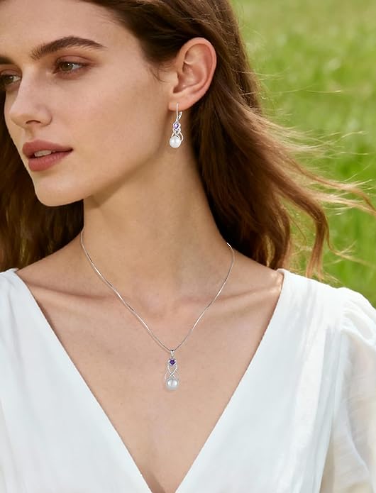 Pearl Earrings Necklace Jewelry Set for Women 925 Sterling Silver Heart Amethyst Freshwater Pearl Jewelry