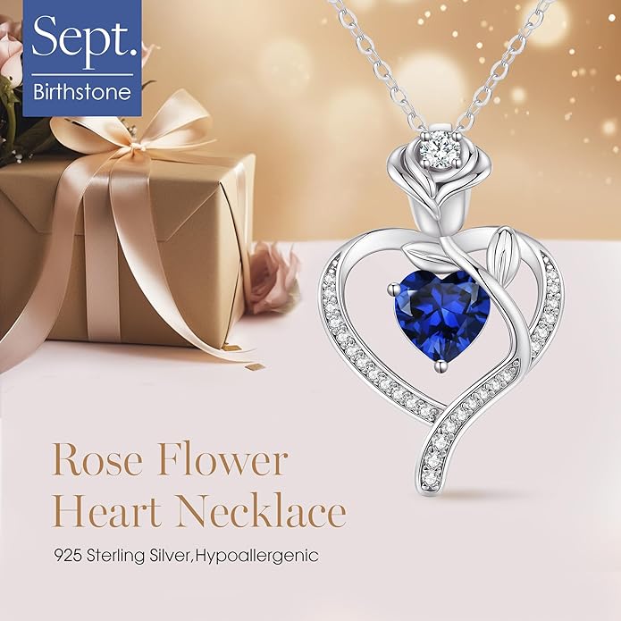 LOUISA SECRET Rose Flower Heart Birthstone Necklaces for Women, 925 Sterling Silver Fine Jewelry, Pendant Heart Necklaces Birthday Anniversary Christmas Gift for Women Wife Mom Girlfriend Lady