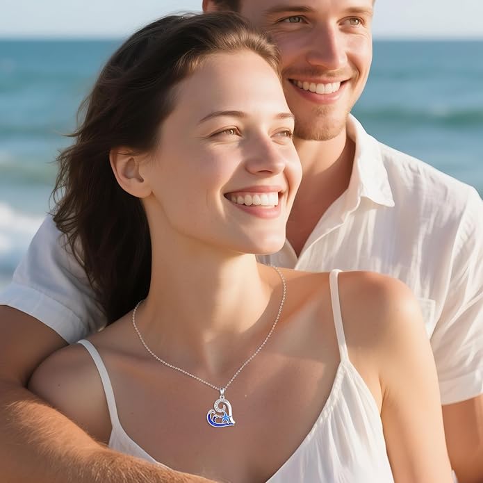 Starfish Necklace 925 Sterling Silver Wave Pendant Blue Opal Starfish Ocean Necklace Jewelry Beach Themed Gifts for Women
